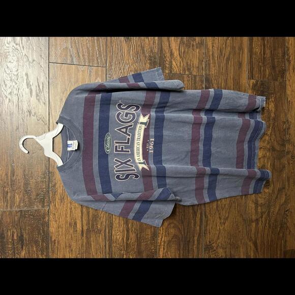 Y2K Six Flags Striped Tee Est 1961 T-shirt Made in USA -L - Picture 1 of 3